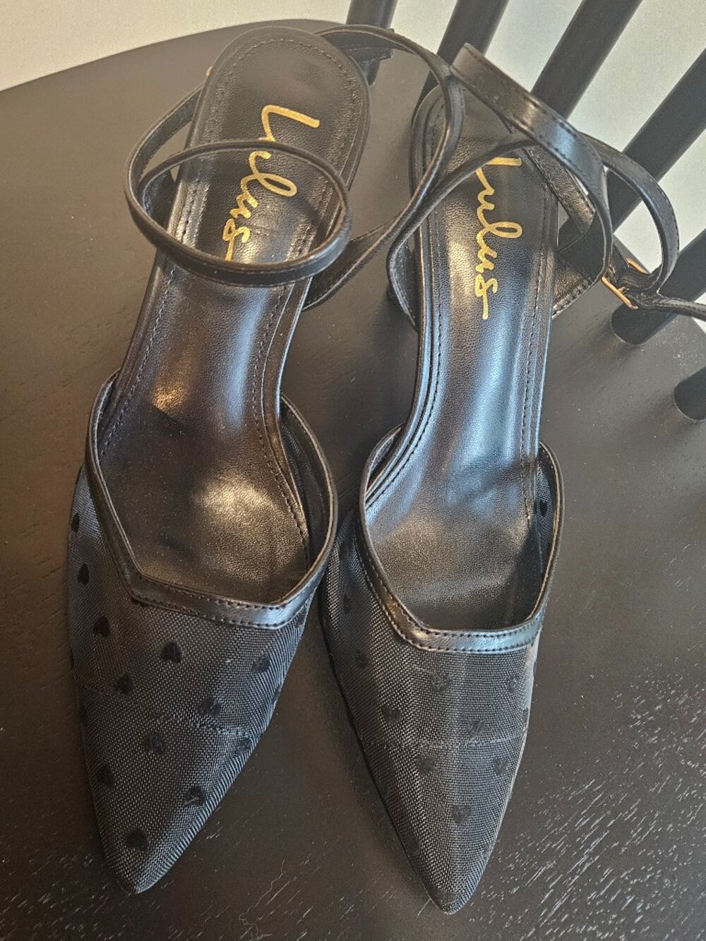 Lulus Black Mesh Swiss Dot Pointed Toe Ankle Strap Heels Size 7